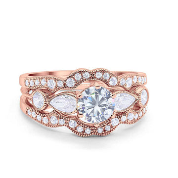 14K Rose Gold Three Piece Wedding Promise Bridal Set Ring Band Engagement Simulated CZ Size-7